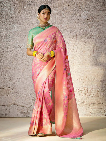 Dignified Dusty Pink Banarasi Silk Saree Floral Zari Embroidered - women's fashion mart