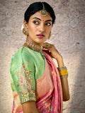 Dignified Dusty Pink Banarasi Silk Saree Floral Zari Embroidered - women's fashion mart