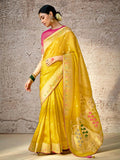Blazing Yellow Banarasi Silk Saree Floral Embroidered - women's fashion mart