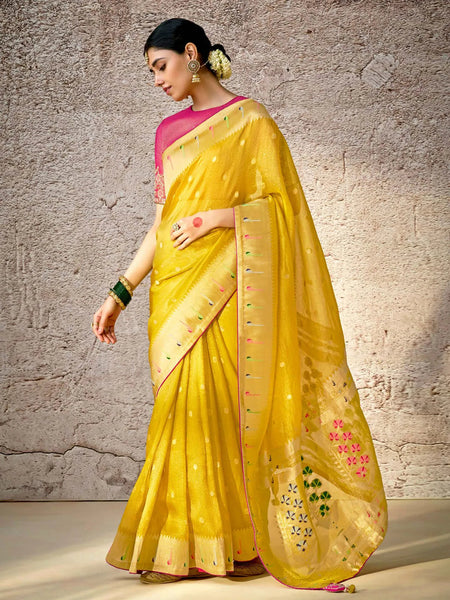 Blazing Yellow Banarasi Silk Saree Floral Embroidered - women's fashion mart