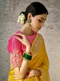 Blazing Yellow Banarasi Silk Saree Floral Embroidered - women's fashion mart