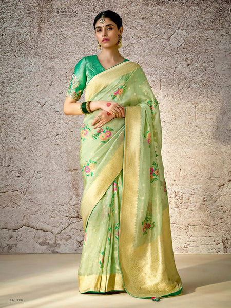 Precious Pista Green Banarasi Silk Saree Floral Embroidered - women's fashion mart