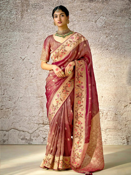 Blazing Brown Banarasi Silk Saree Floral Zari Embroidered - women's fashion mart