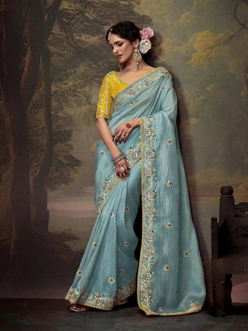 Elegant Sky Blue Embroidered Fancy Saree - women's fashion mart