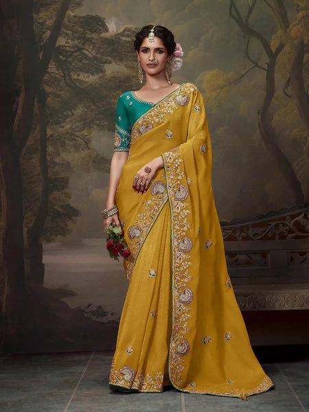 Elegant Mustard Yellow Embroidered Fancy Saree - women's fashion mart