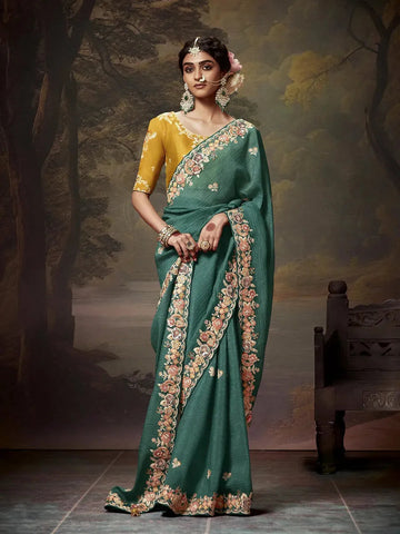 Elegant Aqua Green Embroidered Fancy Saree - women's fashion mart