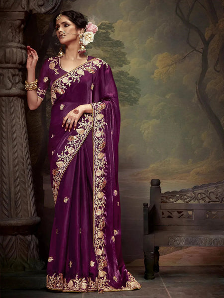 Elegant Burgundy Embroidered Fancy Saree - women's fashion mart