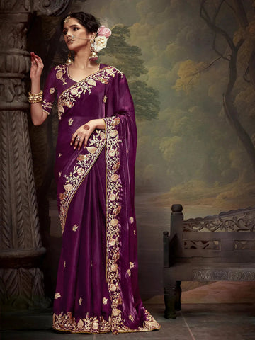 Elegant Burgundy Embroidered Fancy Saree - women's fashion mart