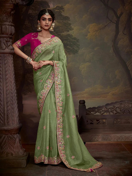 Elegant Pista Green Embroidered Fancy Saree - women's fashion mart