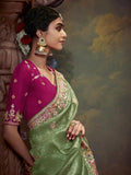 Elegant Pista Green Embroidered Fancy Saree - women's fashion mart