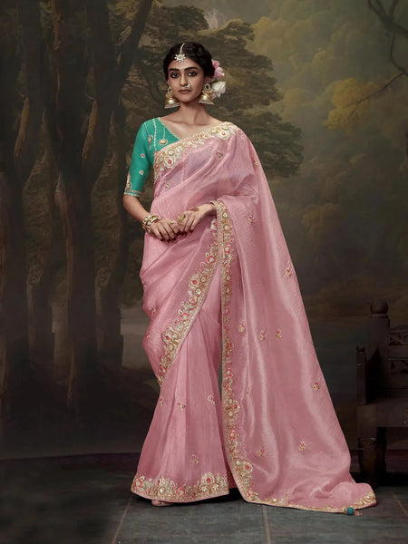 Elegant Light Pink  Embroidered Fancy Saree - women's fashion mart