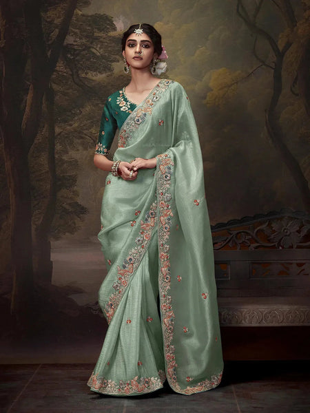 Elegant Light Green Embroidered Fancy Saree - women's fashion mart