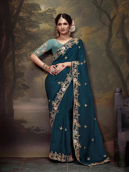 Elegant Peacock Blue Embroidered Fancy Saree - women's fashion mart