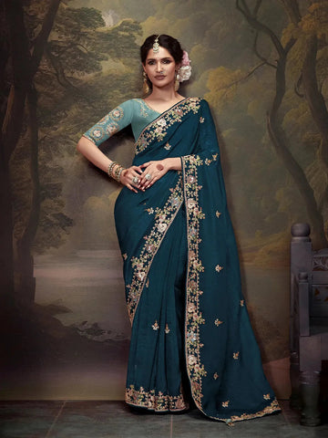 Elegant Peacock Blue Embroidered Fancy Saree - women's fashion mart