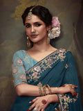 Elegant Peacock Blue Embroidered Fancy Saree - women's fashion mart