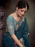 Elegant Peacock Blue Embroidered Fancy Saree - women's fashion mart