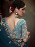 Elegant Peacock Blue Embroidered Fancy Saree - women's fashion mart