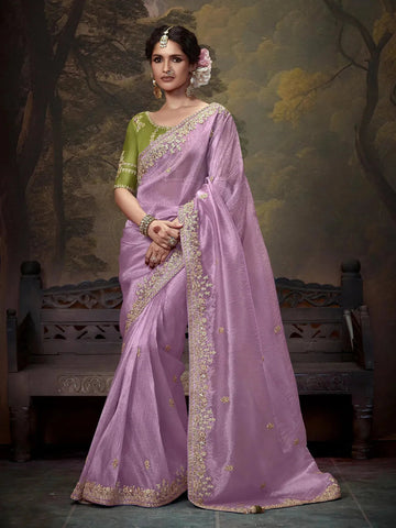 Elegant Lavender Embroidered Fancy Saree - women's fashion mart