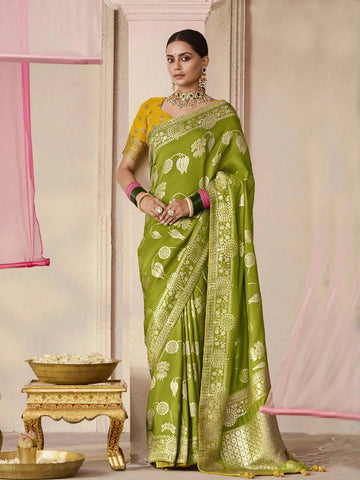 Green Designer Silk Saree with Floral Weaving Work - women's fashion mart
