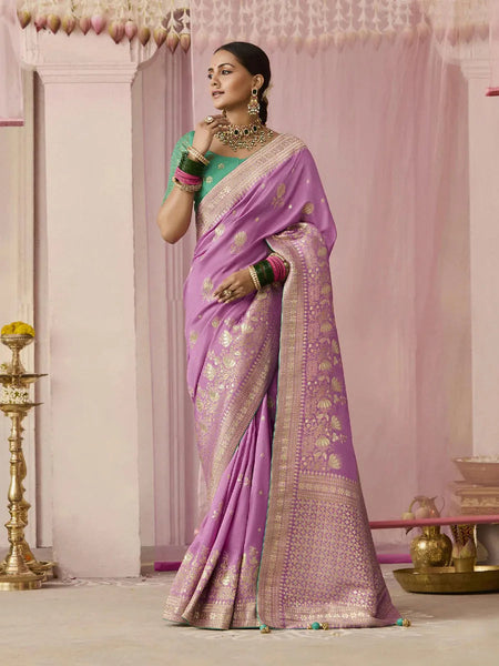 Lavender Designer Silk Saree with Floral Weaving Work - women's fashion mart