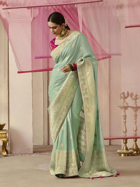 Pista Green Designer Silk Saree with Floral Weaving Work - women's fashion mart