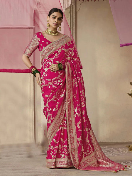 Rani Pink Designer Silk Saree with Floral Weaving Work - women's fashion mart