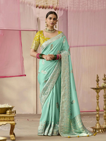 Mint Green Designer Silk Saree with Floral Weaving Work - women's fashion mart