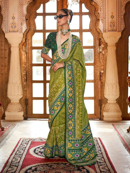 Outstanding Olive Green Silk Patola Saree -Saree Unstitched women's fashion mart