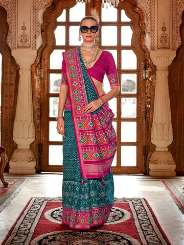 Fantastic Teal Blue Silk Designer Patola Saree - women's fashion mart