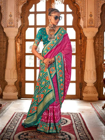 Ravishing Rani Pink Silk Patola Saree -Saree Unstitched women's fashion mart