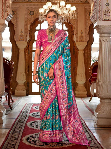 Fabulous Turquoise Blue Silk Patola Saree -Saree Unstitched women's fashion mart