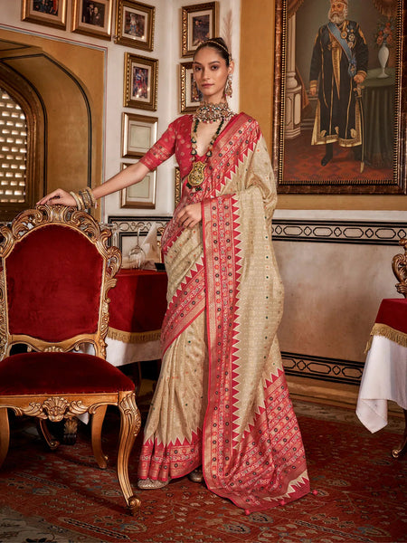 Passionate Off-White Silk Saree with Traditional Patola Design - women's fashion mart