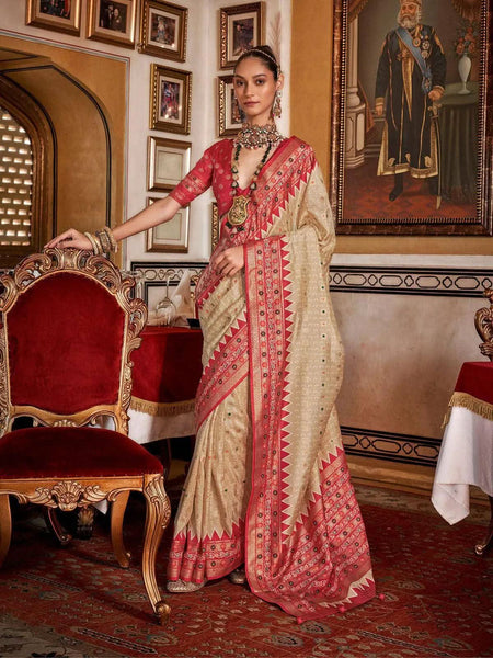 Passionate Off-White Silk Saree with Patola Design -Saree Unstitched women's fashion mart