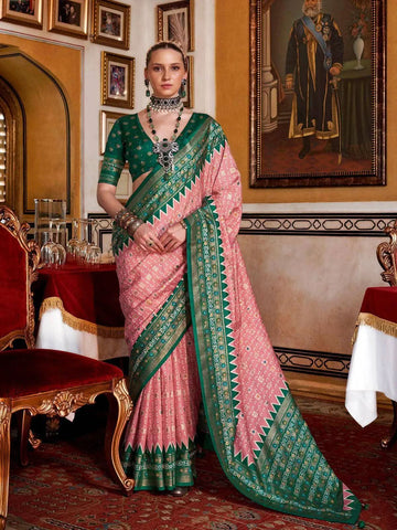 Blazing Peach Silk Saree with Patola Design -Saree Unstitched women's fashion mart