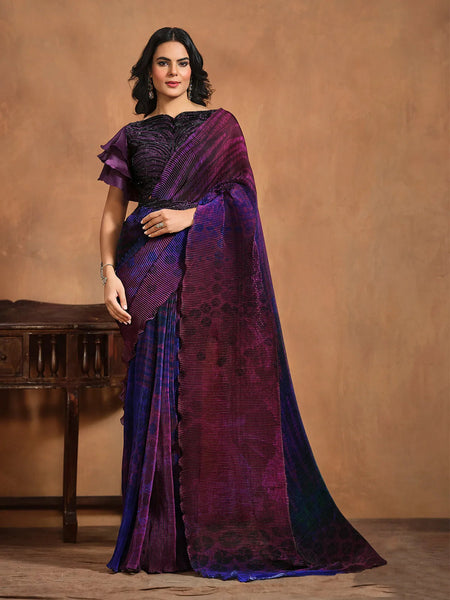 Radiant Dark Purple Satin Silk Printed Ready To Wear Saree - women's fashion mart
