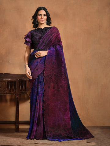 Radiant Dark Purple Satin Silk Printed Ready To Wear Saree - women's fashion mart