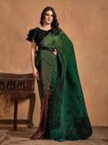 Magical Dark Green Pure Satin Silk Ready To Wear Printed Saree - women's fashion mart