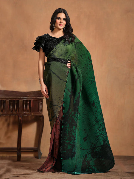 Magical Dark Green Pure Satin Silk Ready To Wear Printed Saree - women's fashion mart