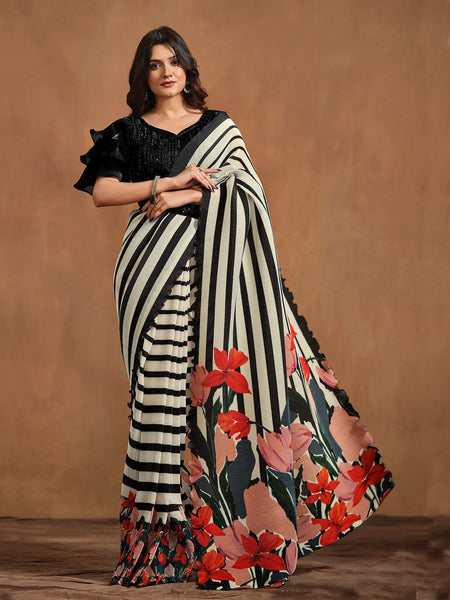 Classic Black-White Satin Silk Printed Ready To Wear Saree - women's fashion mart