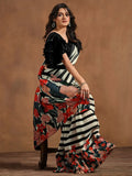 Classic Black-White Satin Silk Printed Ready To Wear Saree - women's fashion mart