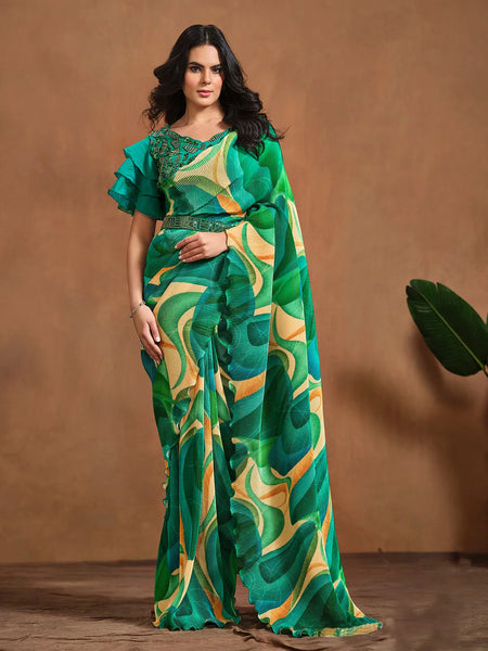 Radiant Green Satin Silk Digital Printed Ready To Wear Saree - women's fashion mart