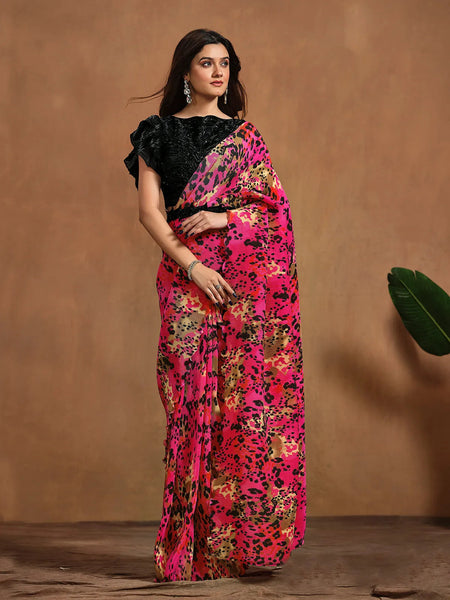 Glowing Pink Satin Silk Printed Ready To Wear Saree - women's fashion mart