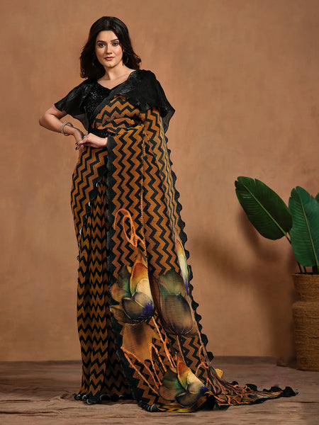 Brilliant Brown Satin Silk Digital Printed Ready To Wear Saree - women's fashion mart