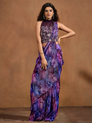 Passionate Purple Satin Silk Printed Ready To Wear Saree - women's fashion mart