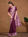 Captivating Wine Satin Crepe Silk Embroidered Ready To Wear Saree - women's fashion mart