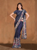 Pleasing Navy Blue Satin Crepe Silk Embroidered Ready To Wear Saree - women's fashion mart