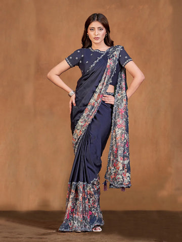 Pleasing Navy Blue Satin Crepe Silk Embroidered Ready To Wear Saree - women's fashion mart