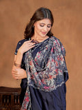 Pleasing Navy Blue Satin Crepe Silk Embroidered Ready To Wear Saree - women's fashion mart
