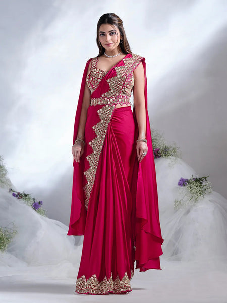 Designer Red Ready To Wear Crepe Satin Silk Saree - women's fashion mart