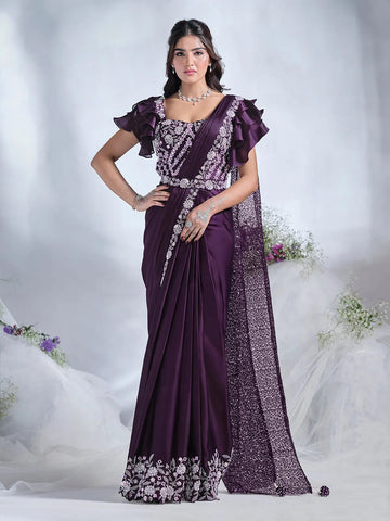Dignified Deep Purple Ready To Wear Crepe Satin Silk Saree - women's fashion mart